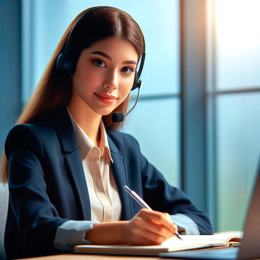 A woman Secretary wearing a headset and microphone sitting at her desk waitting for your call